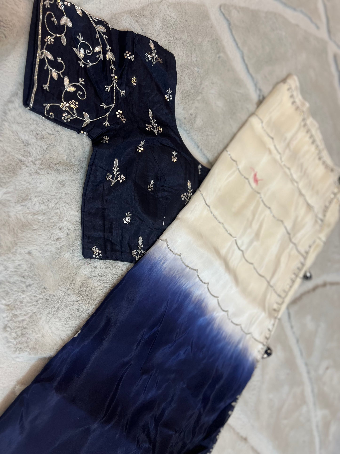 Pure organza White and Navy Blue Shaded Saree Designer Work with Stitched Designer Blouse