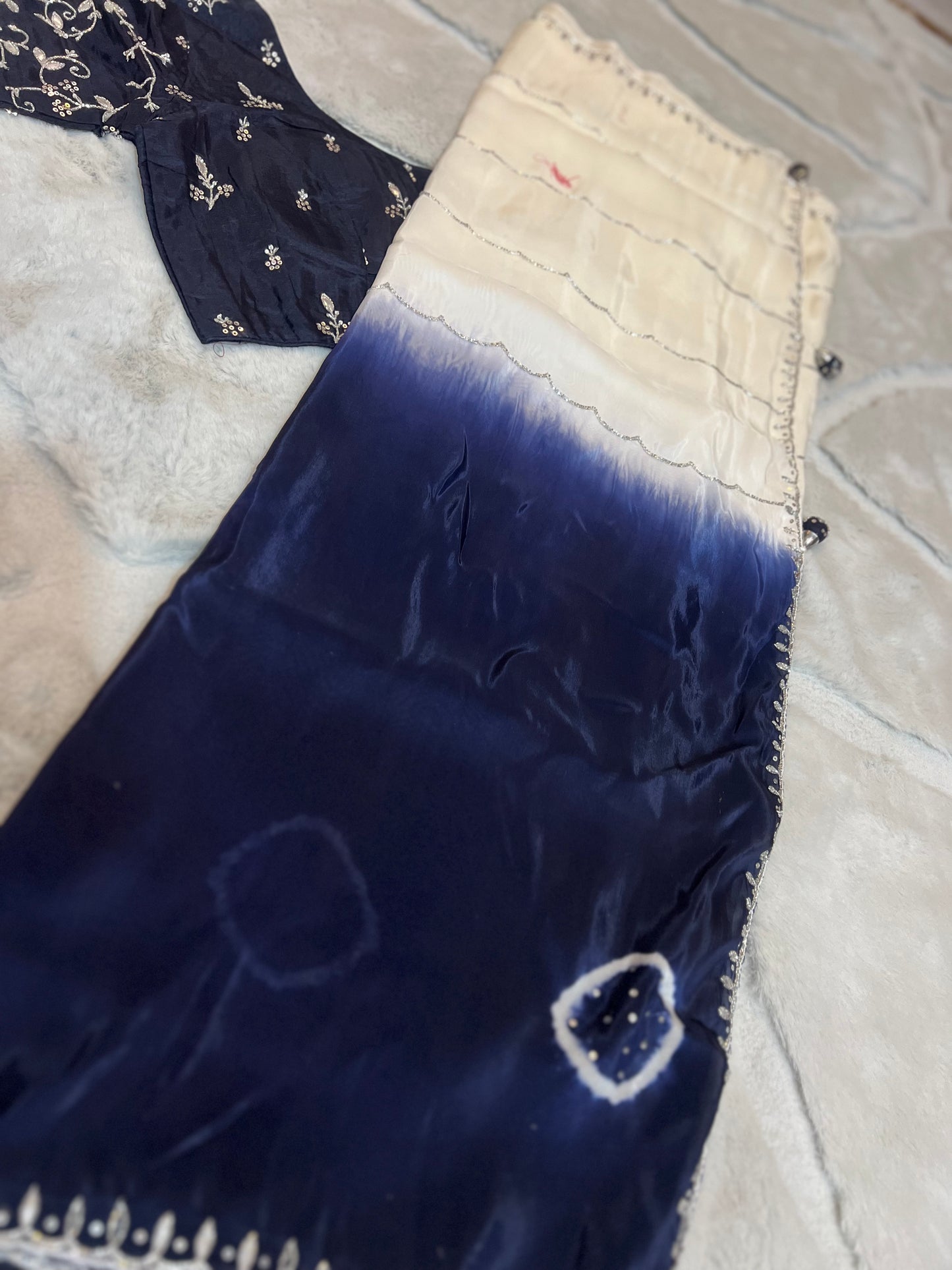 Pure organza White and Navy Blue Shaded Saree Designer Work with Stitched Designer Blouse