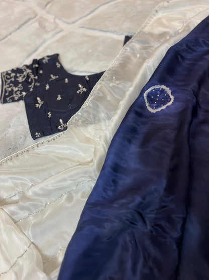 Pure organza White and Navy Blue Shaded Saree Designer Work with Stitched Designer Blouse