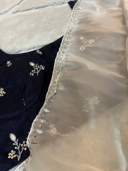 Pure organza White and Navy Blue Shaded Saree Designer Work with Stitched Designer Blouse