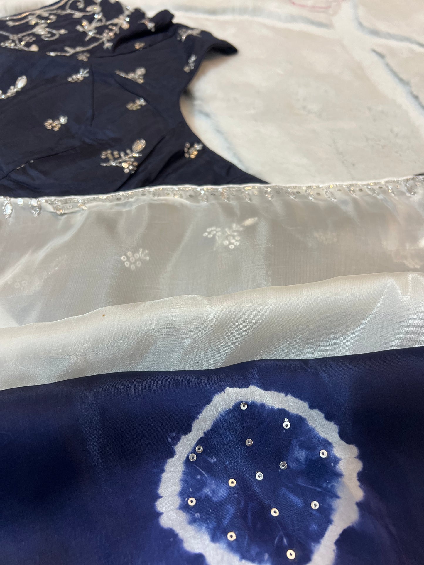 Pure organza White and Navy Blue Shaded Saree Designer Work with Stitched Designer Blouse