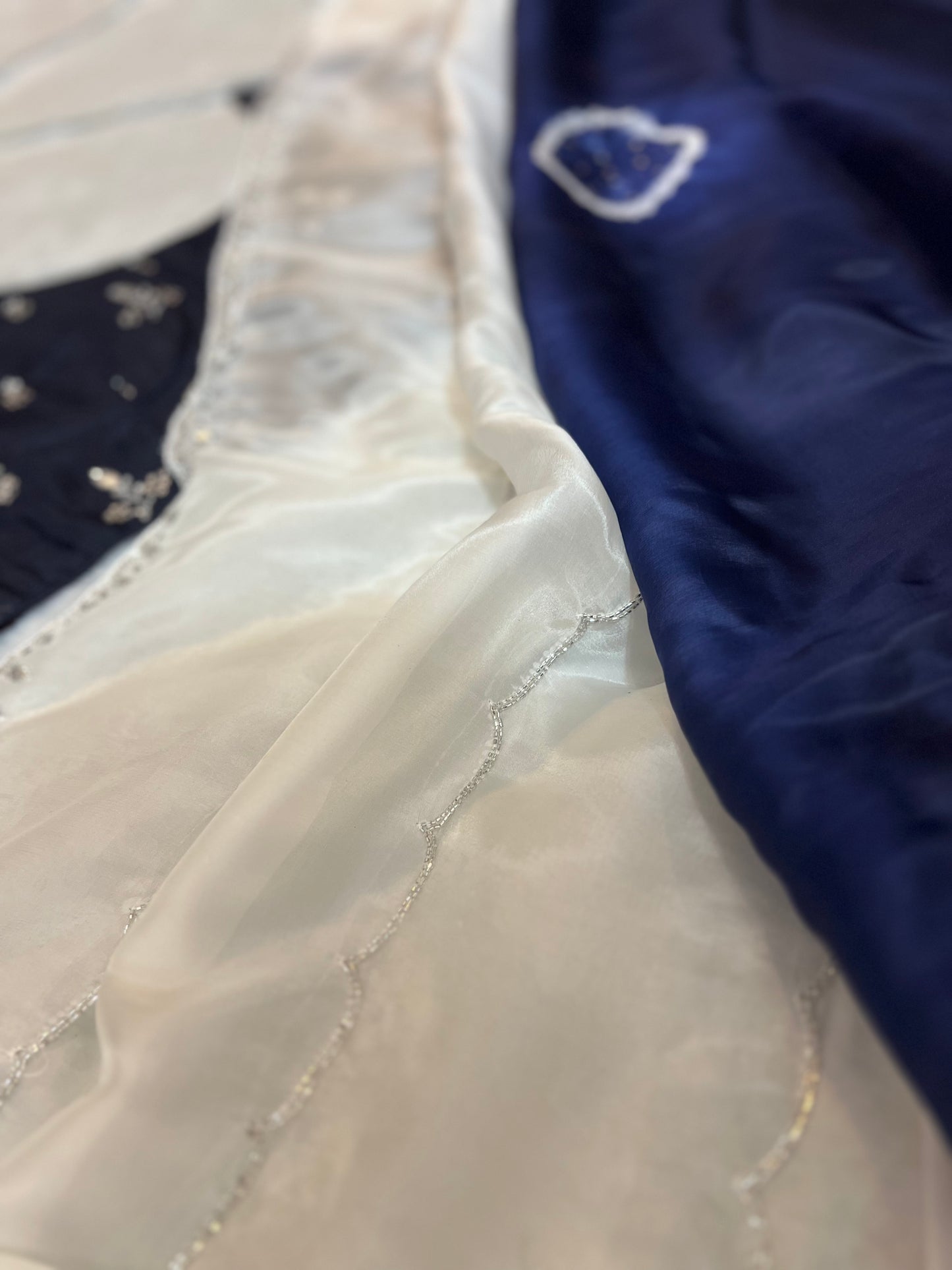 Pure organza White and Navy Blue Shaded Saree Designer Work with Stitched Designer Blouse