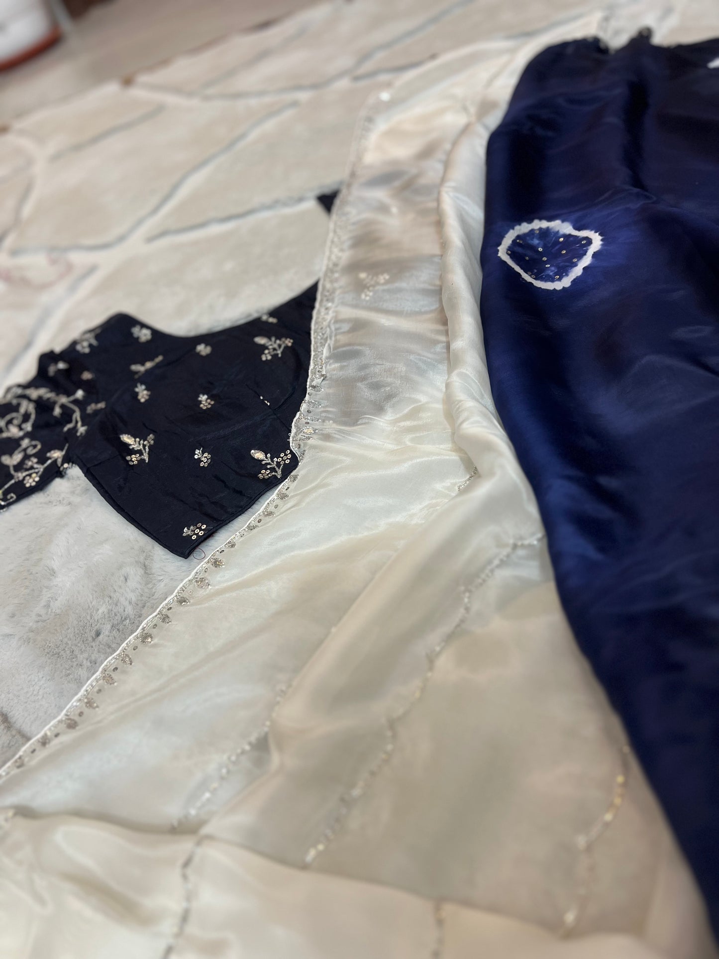 Pure organza White and Navy Blue Shaded Saree Designer Work with Stitched Designer Blouse