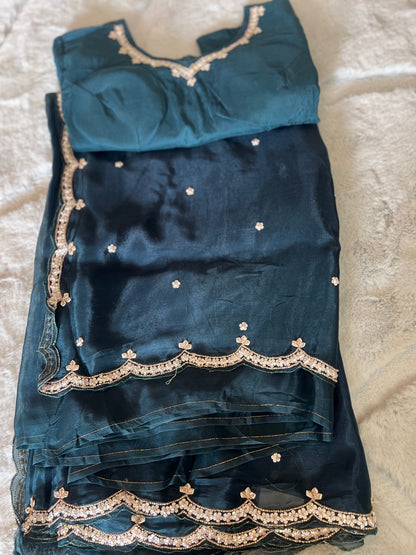 Dark Peacock Blue Beautiful Organza Silk Saree with Designer Cutwork on the Border