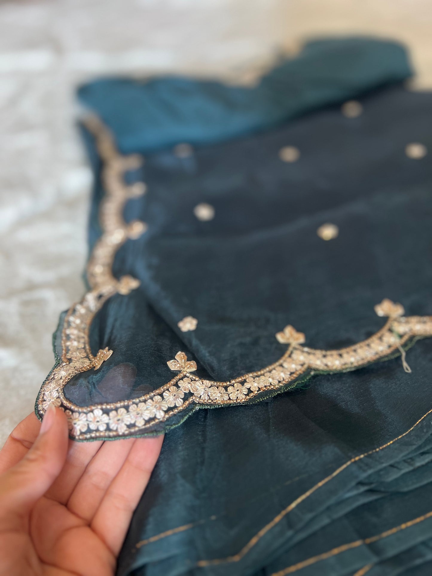 Dark Peacock Blue Beautiful Satin Silk Saree with Designer Cutwork on the Border