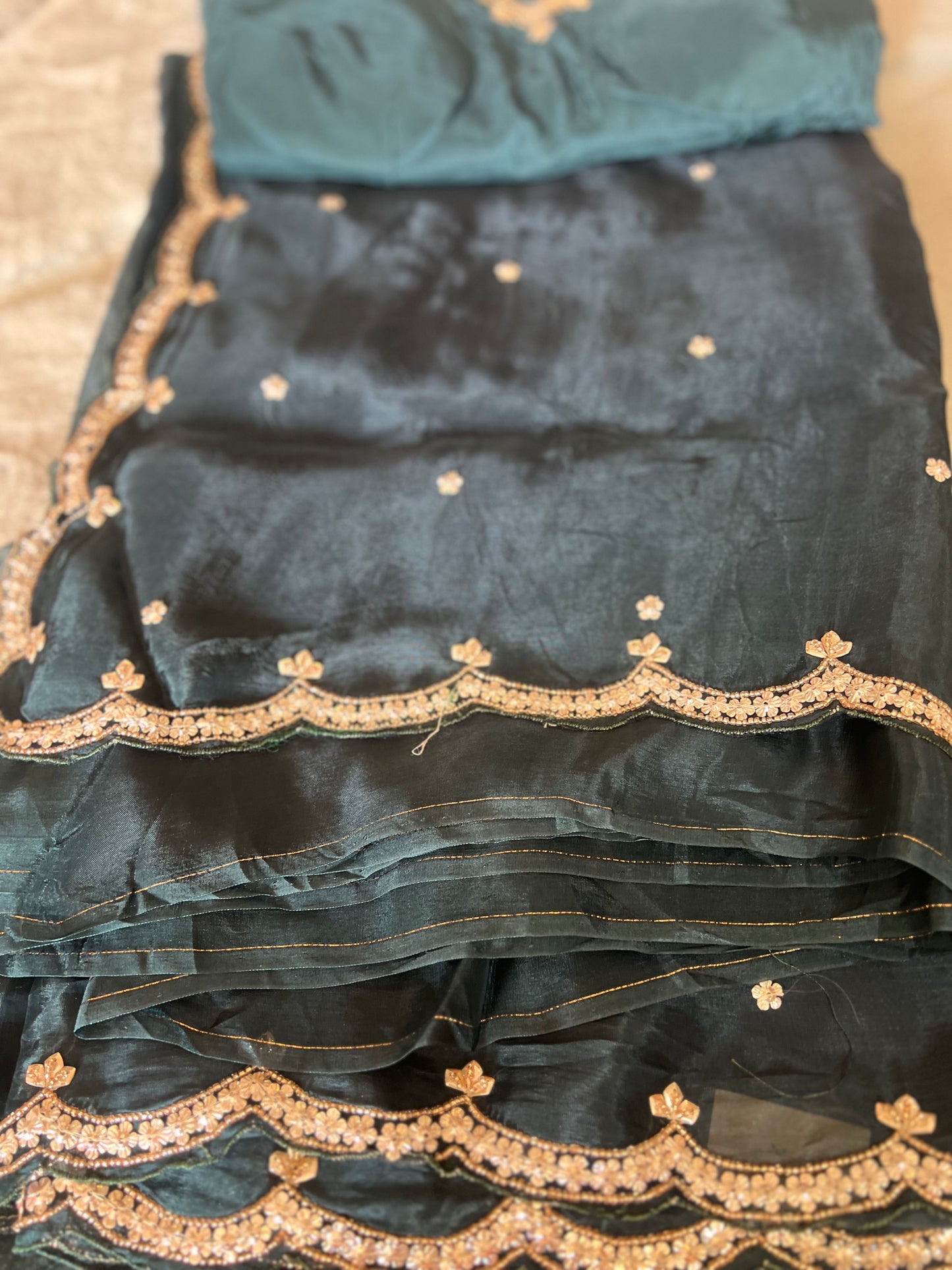 Dark Peacock Blue Beautiful Satin Silk Saree with Designer Cutwork on the Border