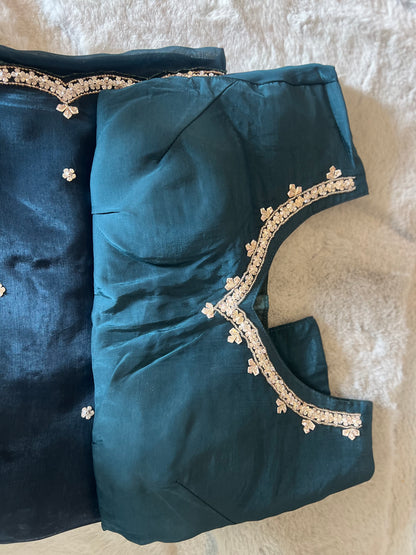 Dark Peacock Blue Beautiful Organza Silk Saree with Designer Cutwork on the Border