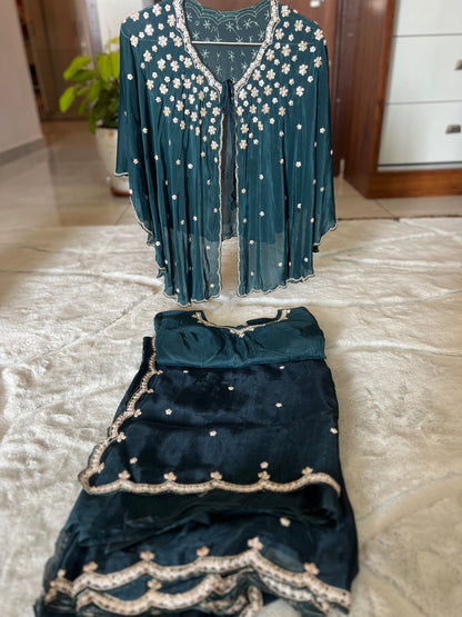 Dark Peacock Blue Beautiful Organza Silk Saree with Designer Cutwork on the Border