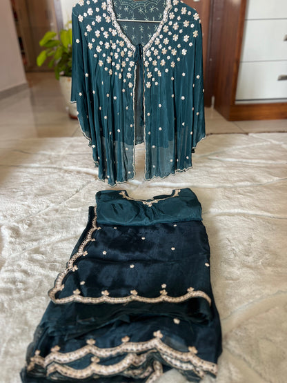 Dark Peacock Blue Beautiful Organza Silk Saree with Designer Cutwork on the Border