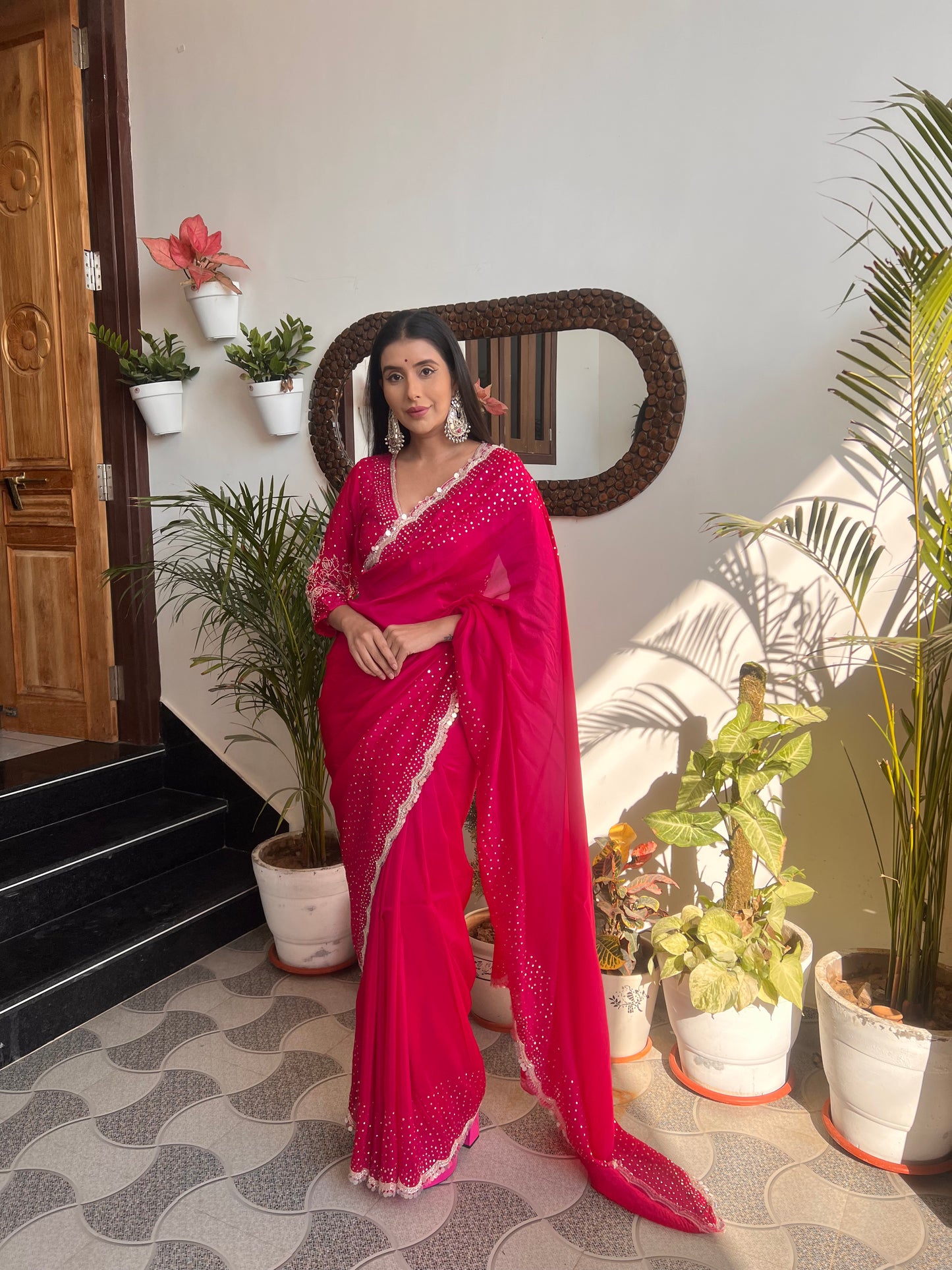 Magenta Pink Pure Crêpe Designer Saree with Zardozi and Tara Work and Beautiful Designer Full Work Stitched Blouse