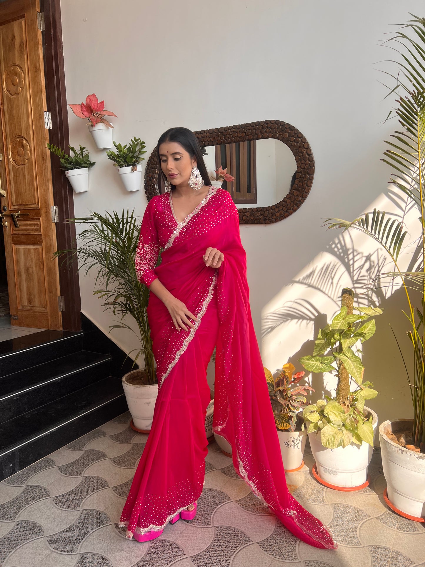 Magenta Pink Pure Crêpe Designer Saree with Zardozi and Tara Work and Beautiful Designer Full Work Stitched Blouse