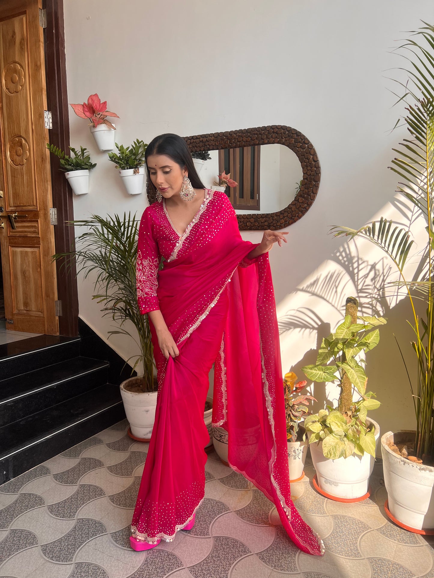 Magenta Pink Pure Crêpe Designer Saree with Zardozi and Tara Work and Beautiful Designer Full Work Stitched Blouse