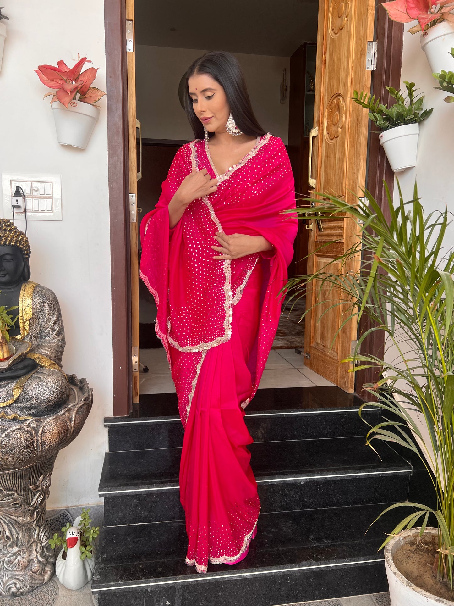 Magenta Pink Pure Crêpe Designer Saree with Zardozi and Tara Work and Beautiful Designer Full Work Stitched Blouse