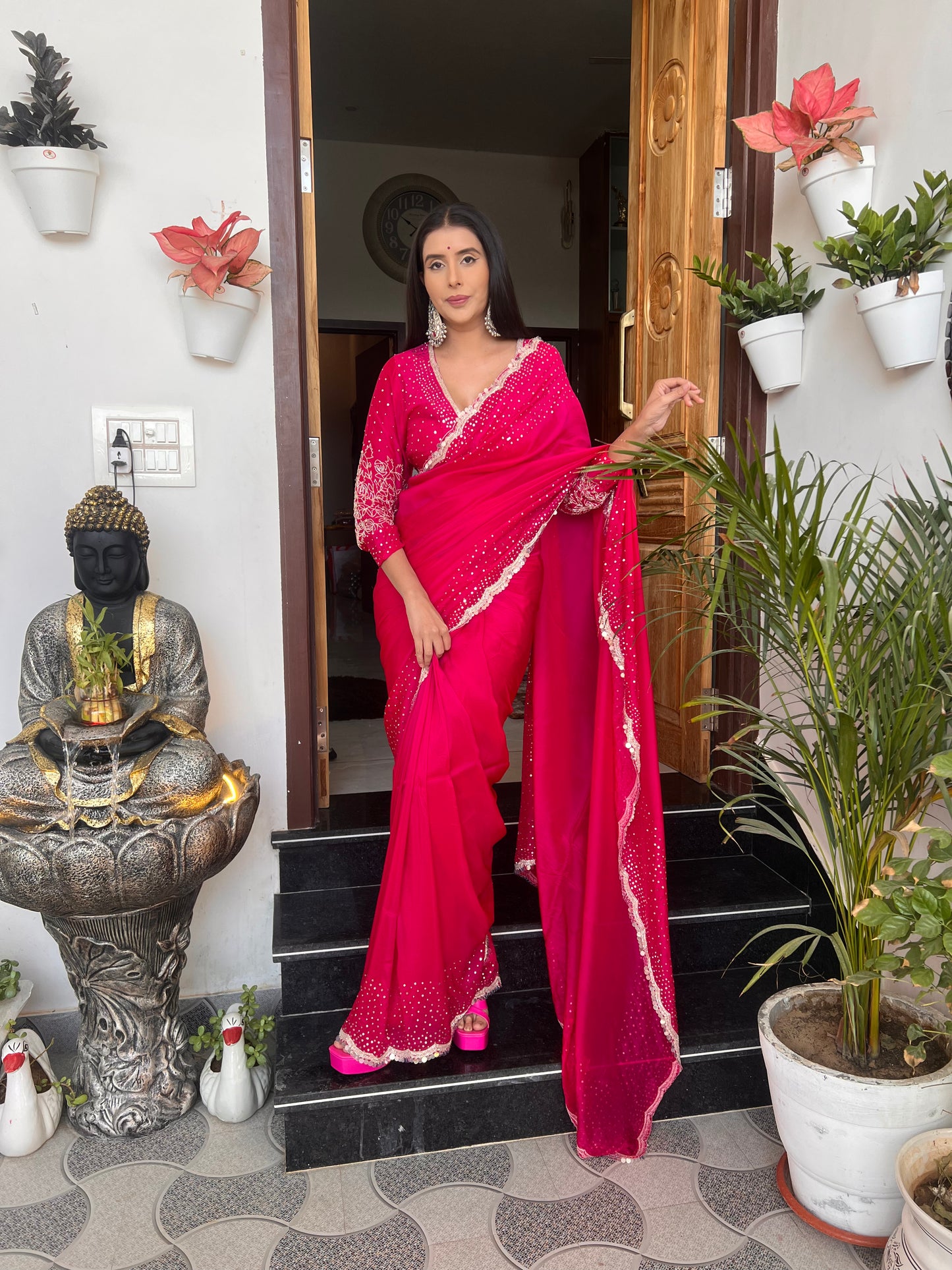 Magenta Pink Pure Crêpe Designer Saree with Zardozi and Tara Work and Beautiful Designer Full Work Stitched Blouse