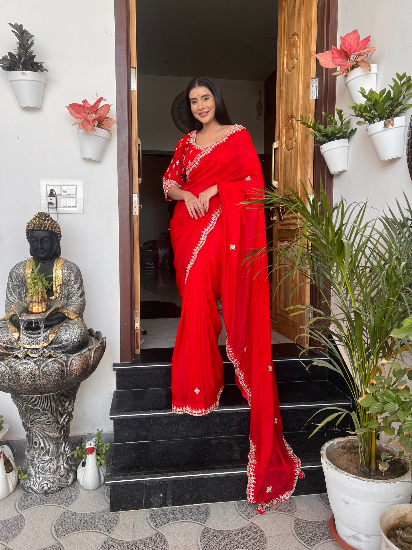 Red Pure Crêpe Designer Saree with Zardozi Work with Heavy Designer Stitched Blouse