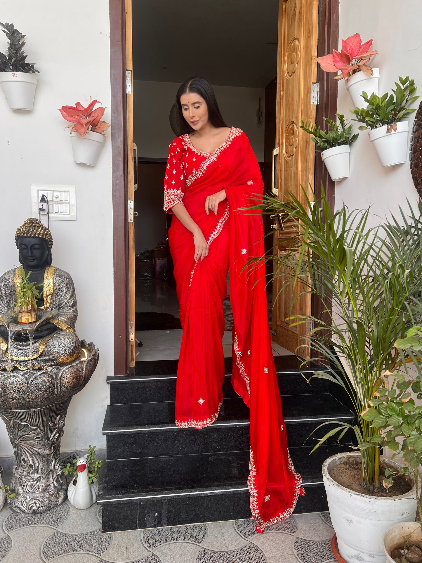 Red Pure Crêpe Designer Saree with Zardozi Work with Heavy Designer Stitched Blouse