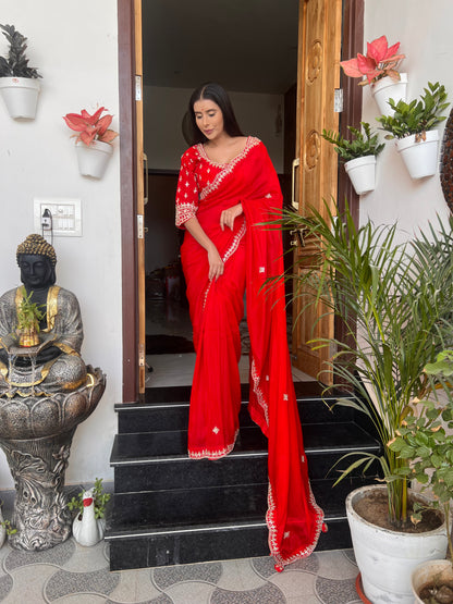 Red Pure Crêpe Designer Saree with Zardozi Work with Heavy Designer Stitched Blouse