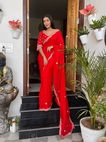 Red Pure Crêpe Designer Saree with Zardozi Work with Heavy Designer Stitched Blouse