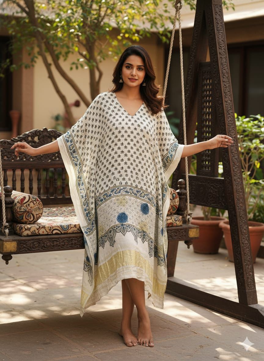 Pure Modal Silk Ajrakh Hand Block with Zari Daman Kaftan