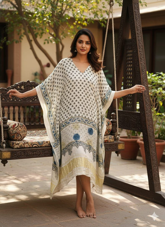 Pure Modal Silk Ajrakh Hand Block with Zari Daman Kaftan