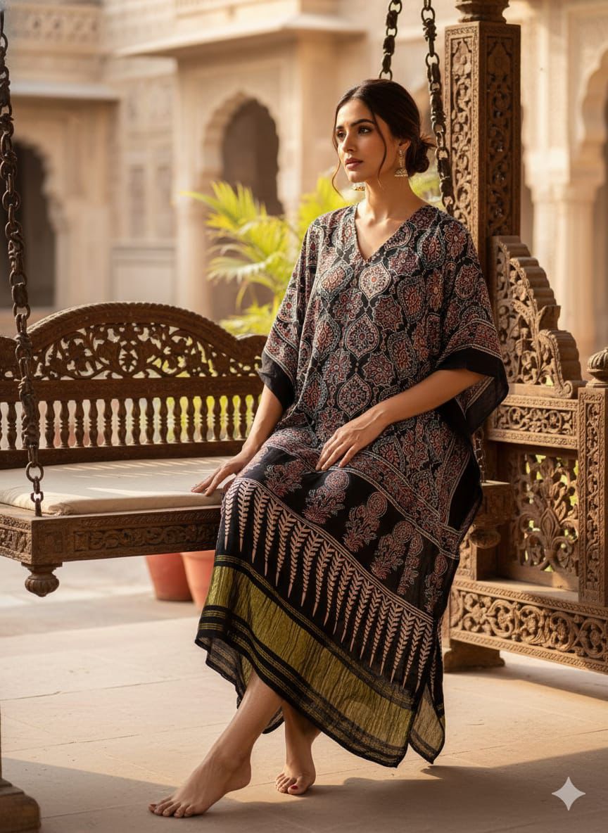 Pure Modal Silk Ajrakh Hand Block with Zari Daman Kaftan