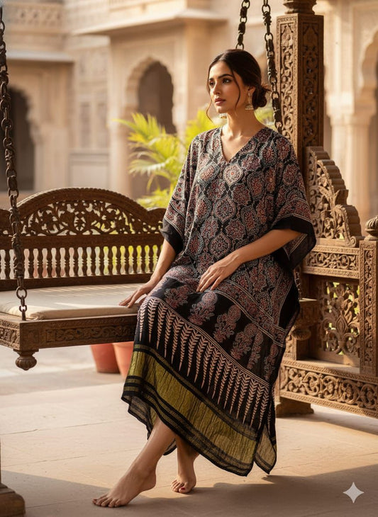 Pure Modal Silk Ajrakh Hand Block with Zari Daman Kaftan