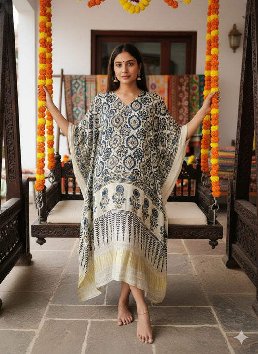 Pure Modal Silk Ajrakh Hand Block with Zari Daman Kaftan