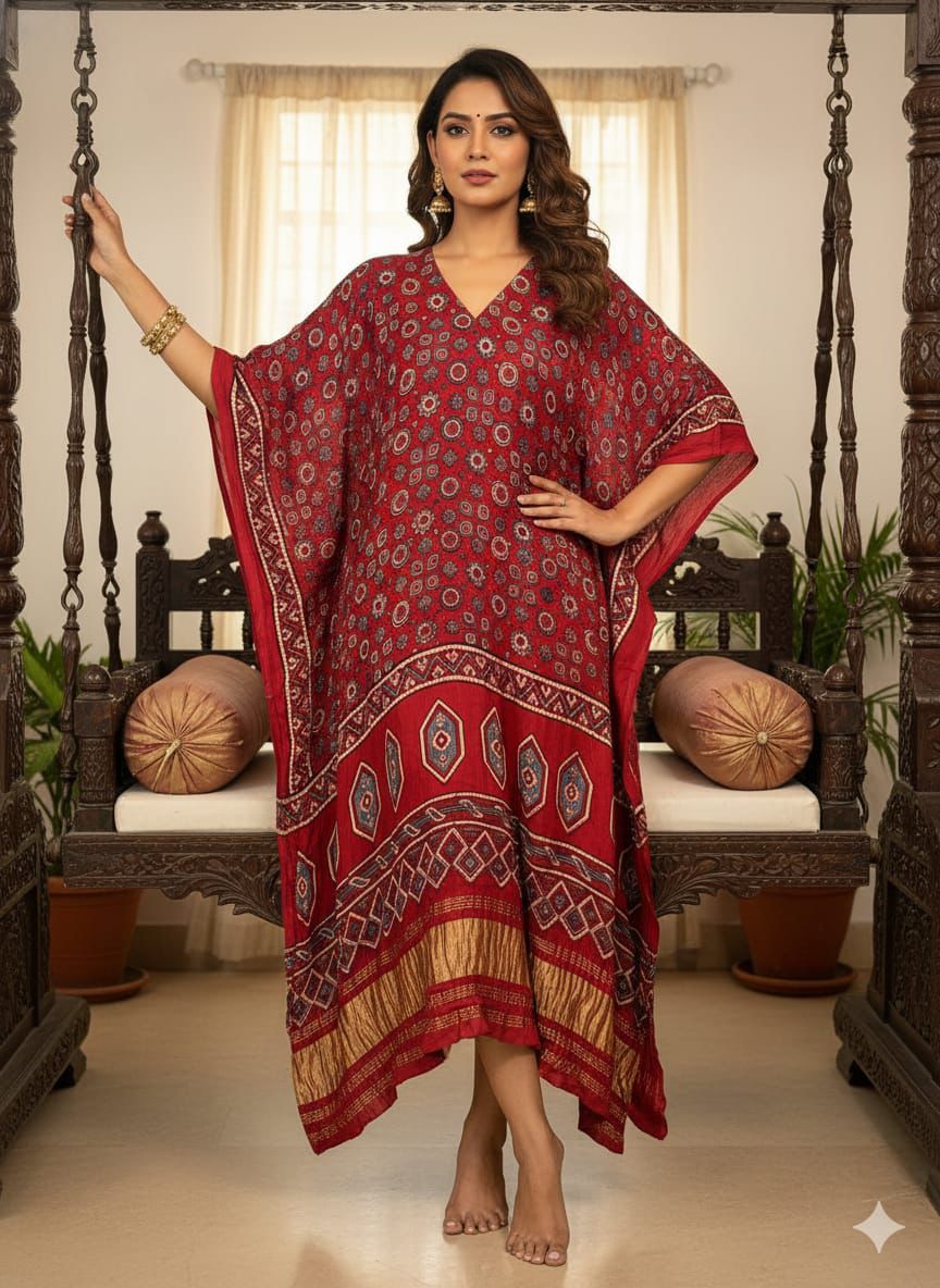 Pure Modal Silk Ajrakh Hand Block with Zari Daman Kaftan