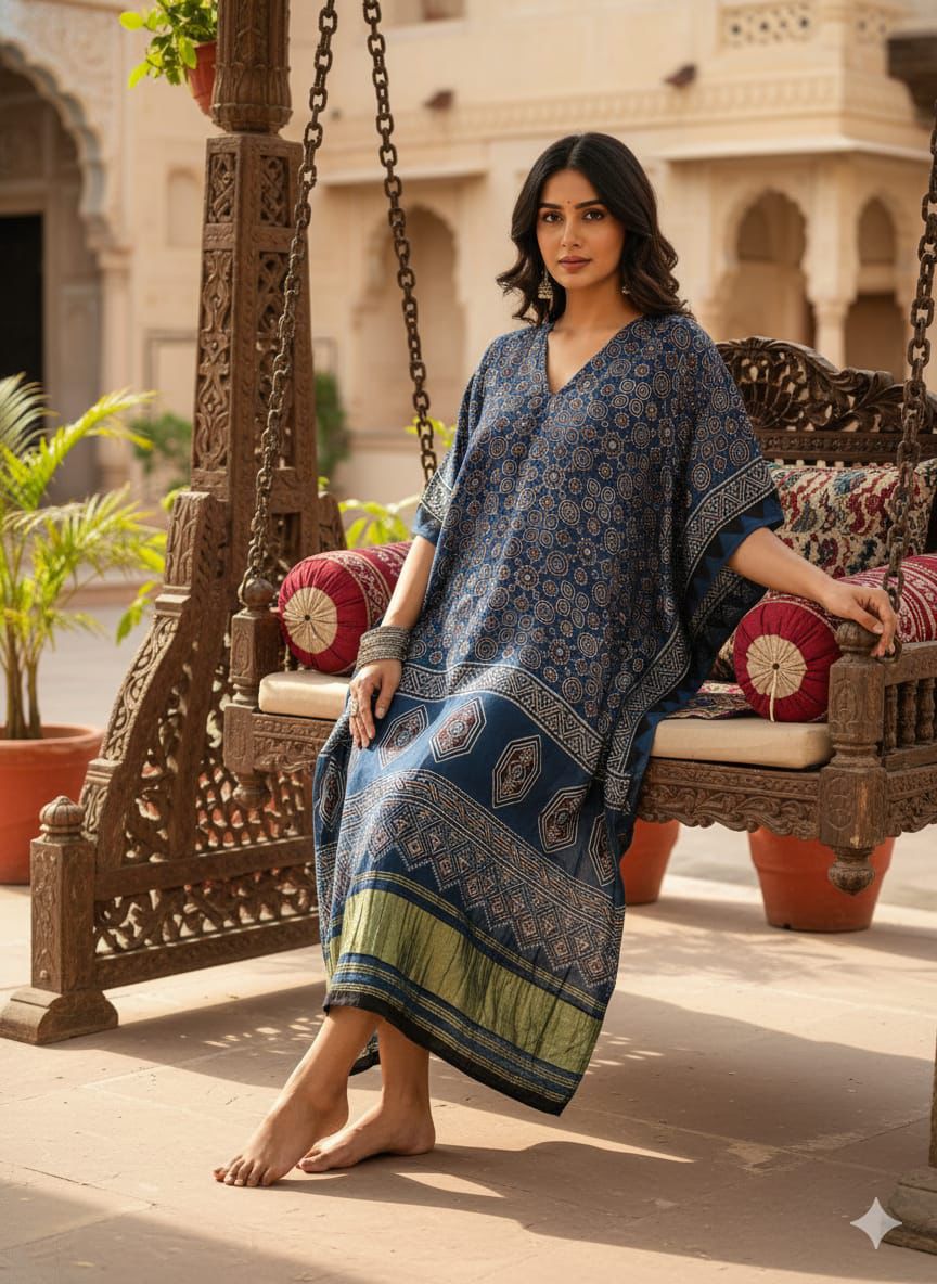 Pure Modal Silk Ajrakh Hand Block with Zari Daman Kaftan