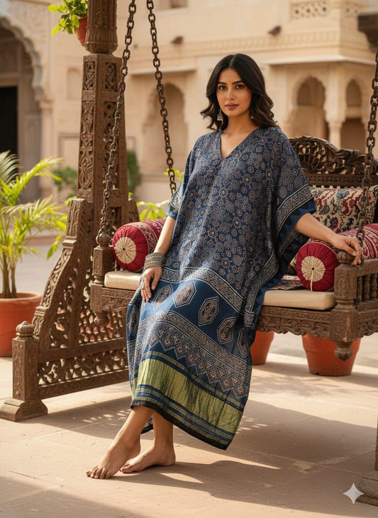 Pure Modal Silk Ajrakh Hand Block with Zari Daman Kaftan
