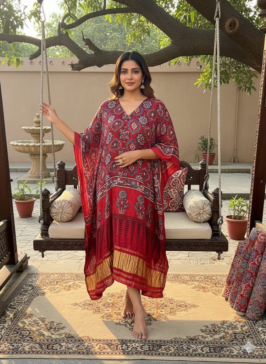 Pure Modal Silk Ajrakh Hand Block with Zari Daman Kaftan