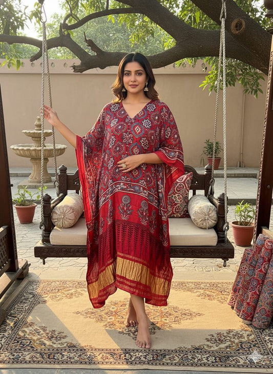 Pure Modal Silk Ajrakh Hand Block with Zari Daman Kaftan