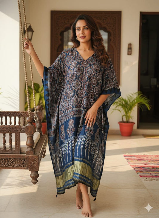 Pure Modal Silk Ajrakh Hand Block with Zari Daman Kaftan