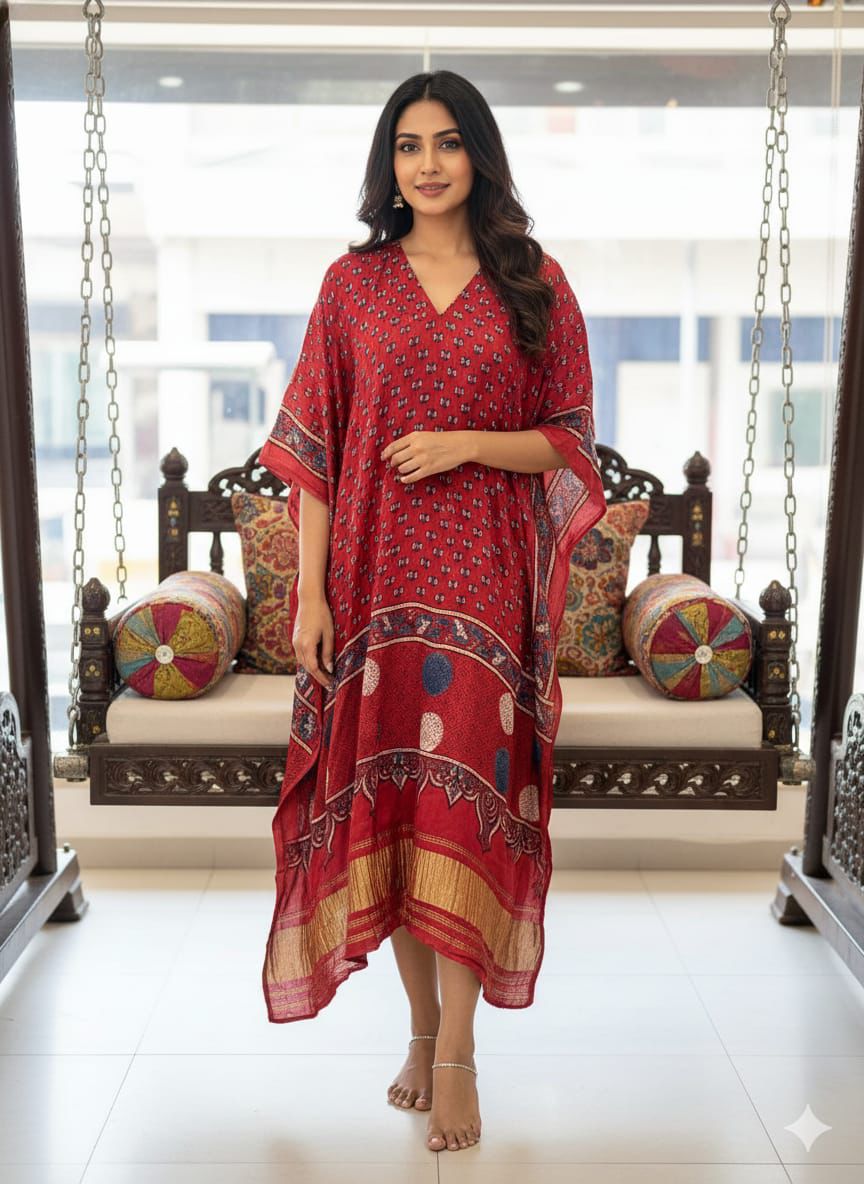 Pure Modal Silk Ajrakh Hand Block with Zari Daman Kaftan