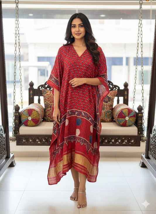 Pure Modal Silk Ajrakh Hand Block with Zari Daman Kaftan