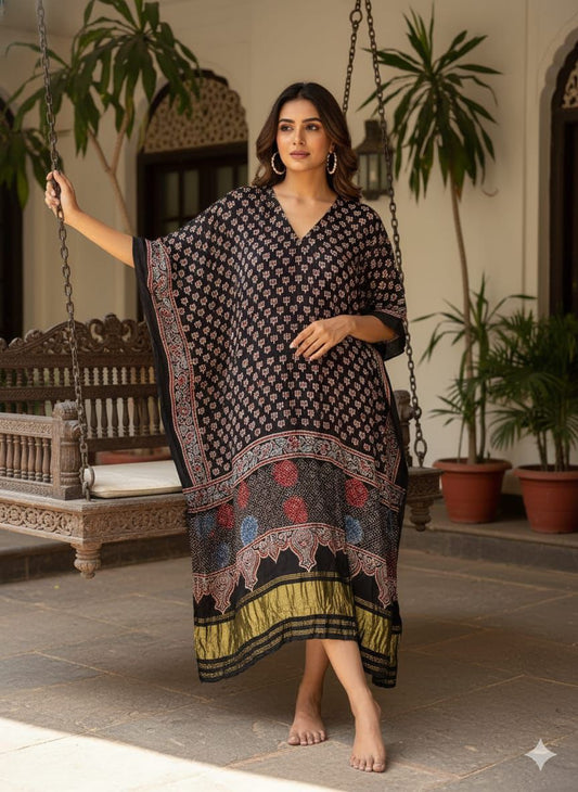 Pure Modal Silk Ajrakh Hand Block with Zari Daman Kaftan