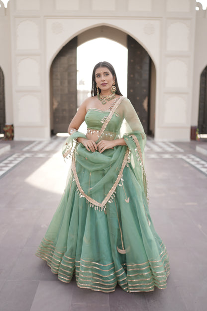 Designer Organza Full Flair Sea Green Lehenga with Tube Designer Blouse and Beautiful Long Dupatta