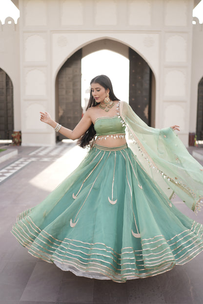 Designer Organza Full Flair Sea Green Lehenga with Tube Designer Blouse and Beautiful Long Dupatta