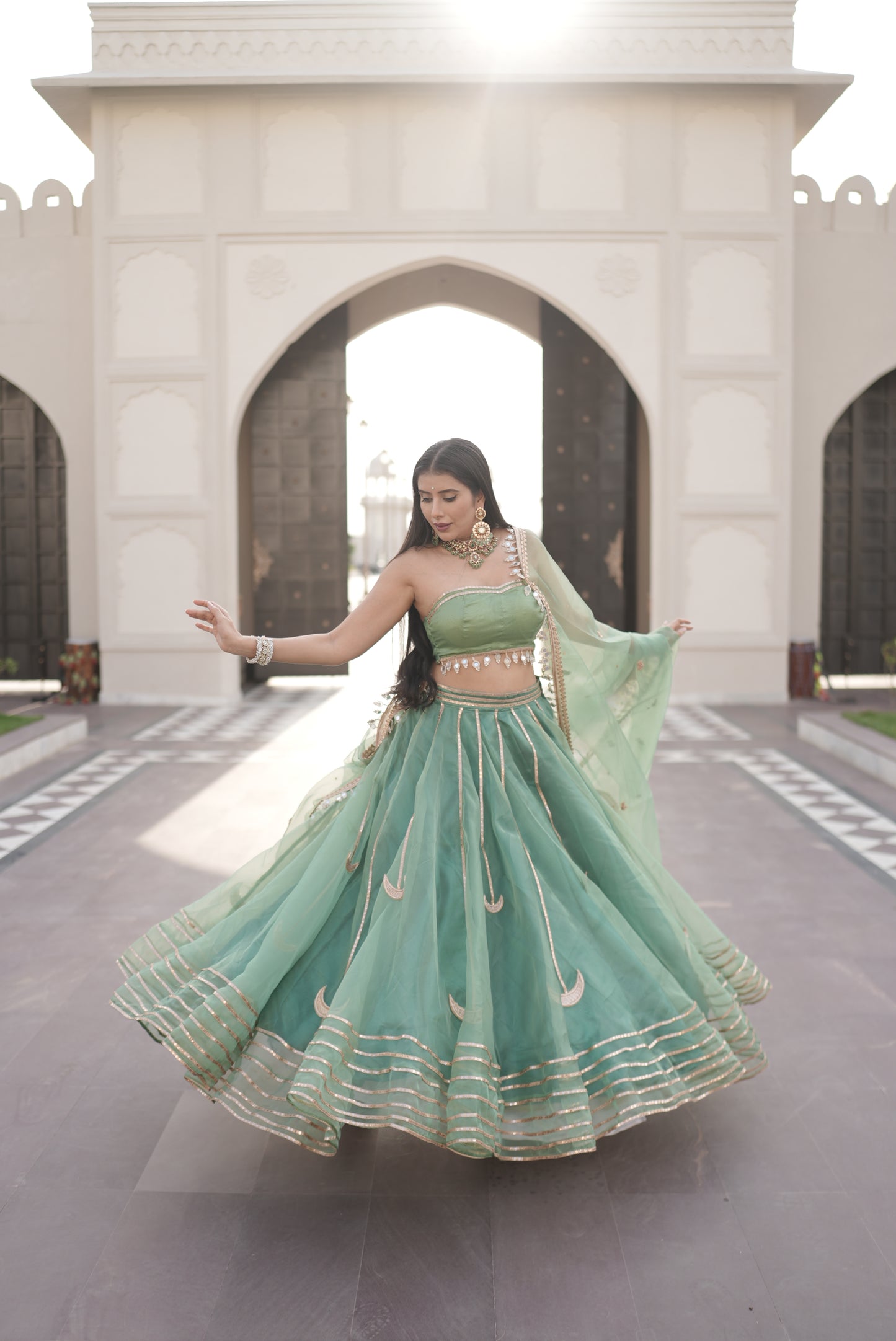 Designer Organza Full Flair Sea Green Lehenga with Tube Designer Blouse and Beautiful Long Dupatta