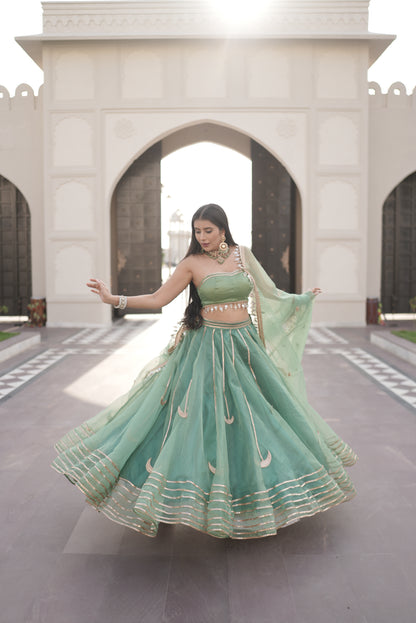 Designer Organza Full Flair Sea Green Lehenga with Tube Designer Blouse and Beautiful Long Dupatta