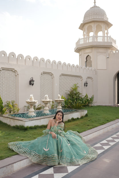 Designer Organza Full Flair Sea Green Lehenga with Tube Designer Blouse and Beautiful Long Dupatta
