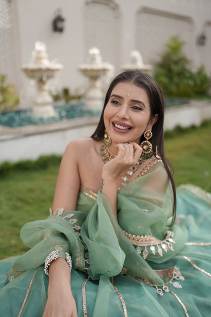 Designer Organza Full Flair Sea Green Lehenga with Tube Designer Blouse and Beautiful Long Dupatta