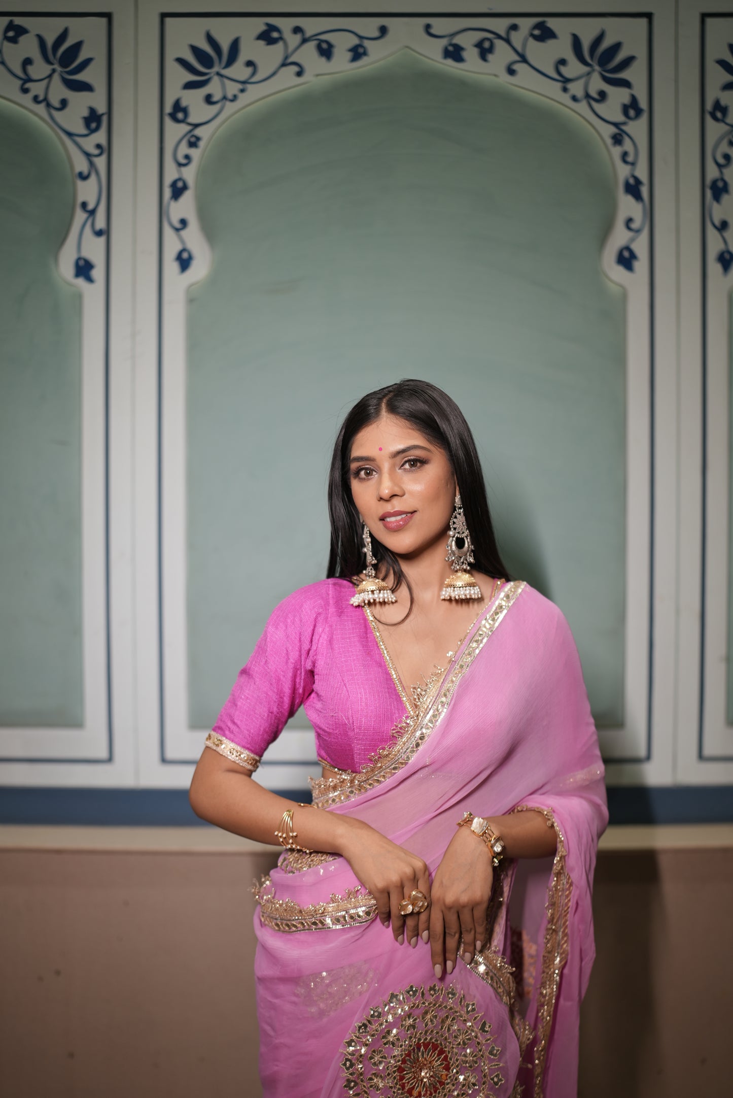 Soft Chiffon Pink Thali Designer Saree with Same Work & Fabric Blouse