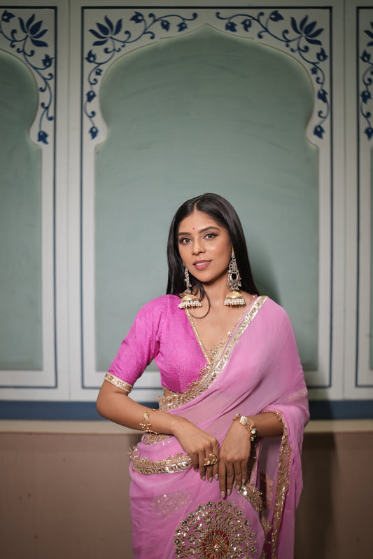 Soft Chiffon Pink Thali Designer Saree with Same Work & Fabric Blouse