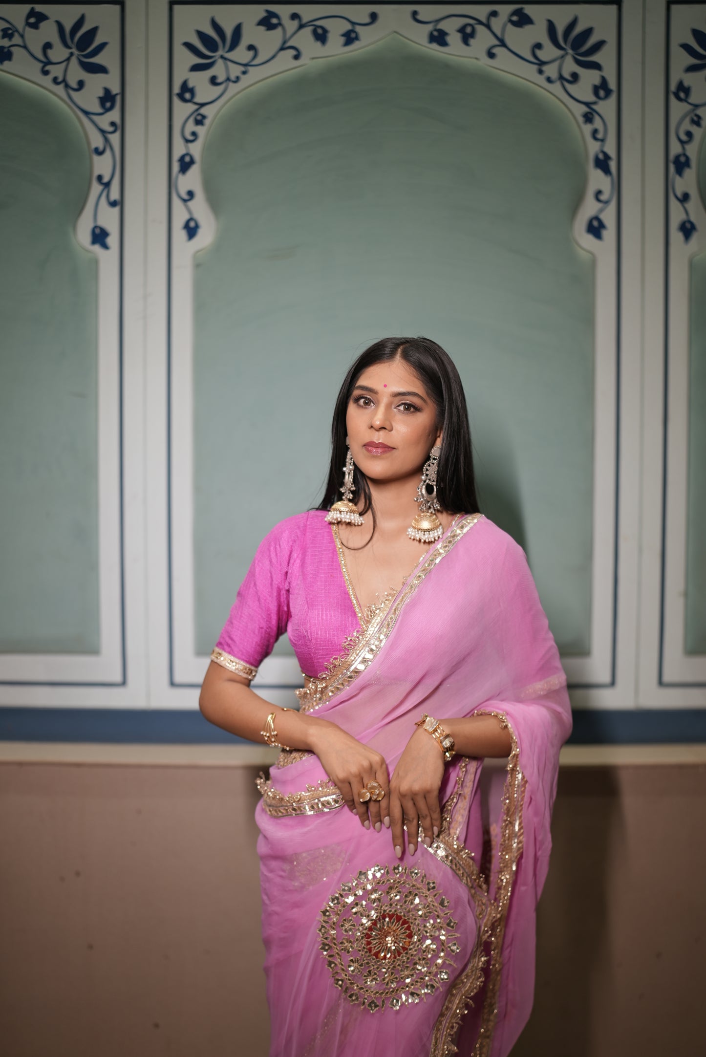 Soft Chiffon Pink Thali Designer Saree with Same Work & Fabric Blouse