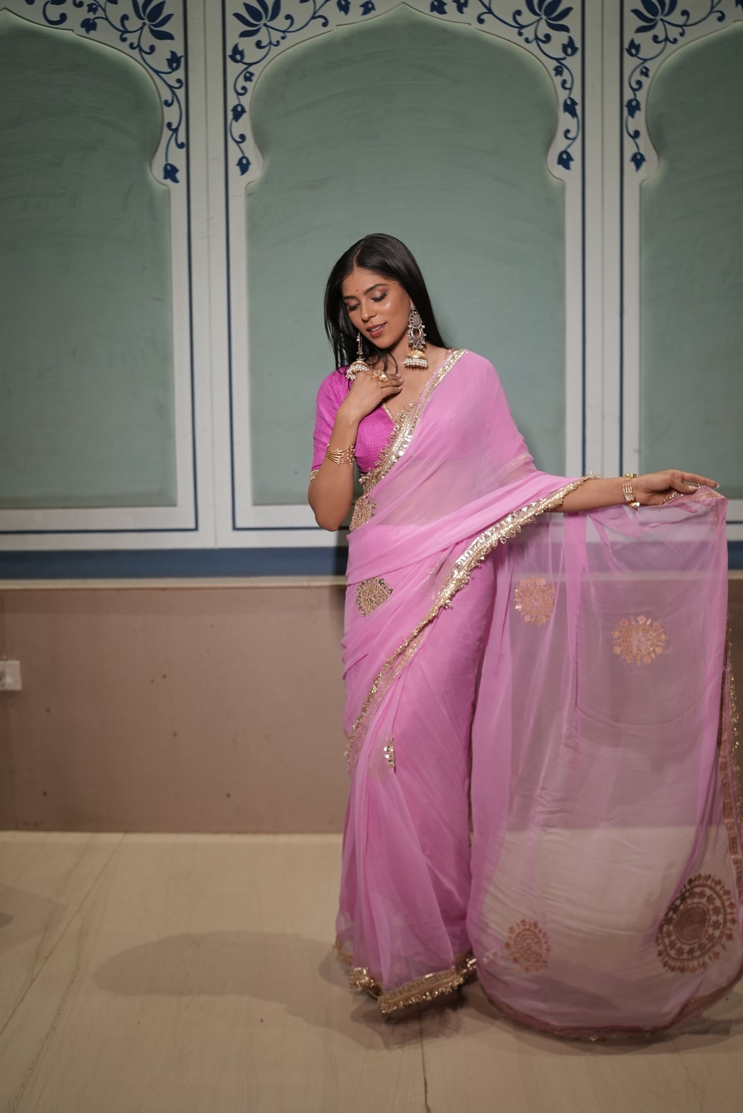 Soft Chiffon Pink Thali Designer Saree with Same Work & Fabric Blouse