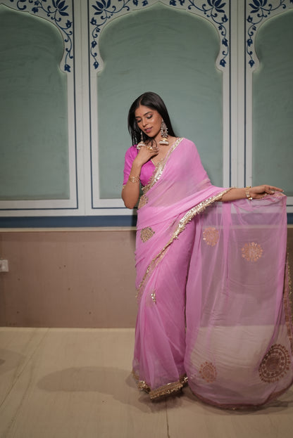 Soft Chiffon Pink Thali Designer Saree with Same Work & Fabric Blouse