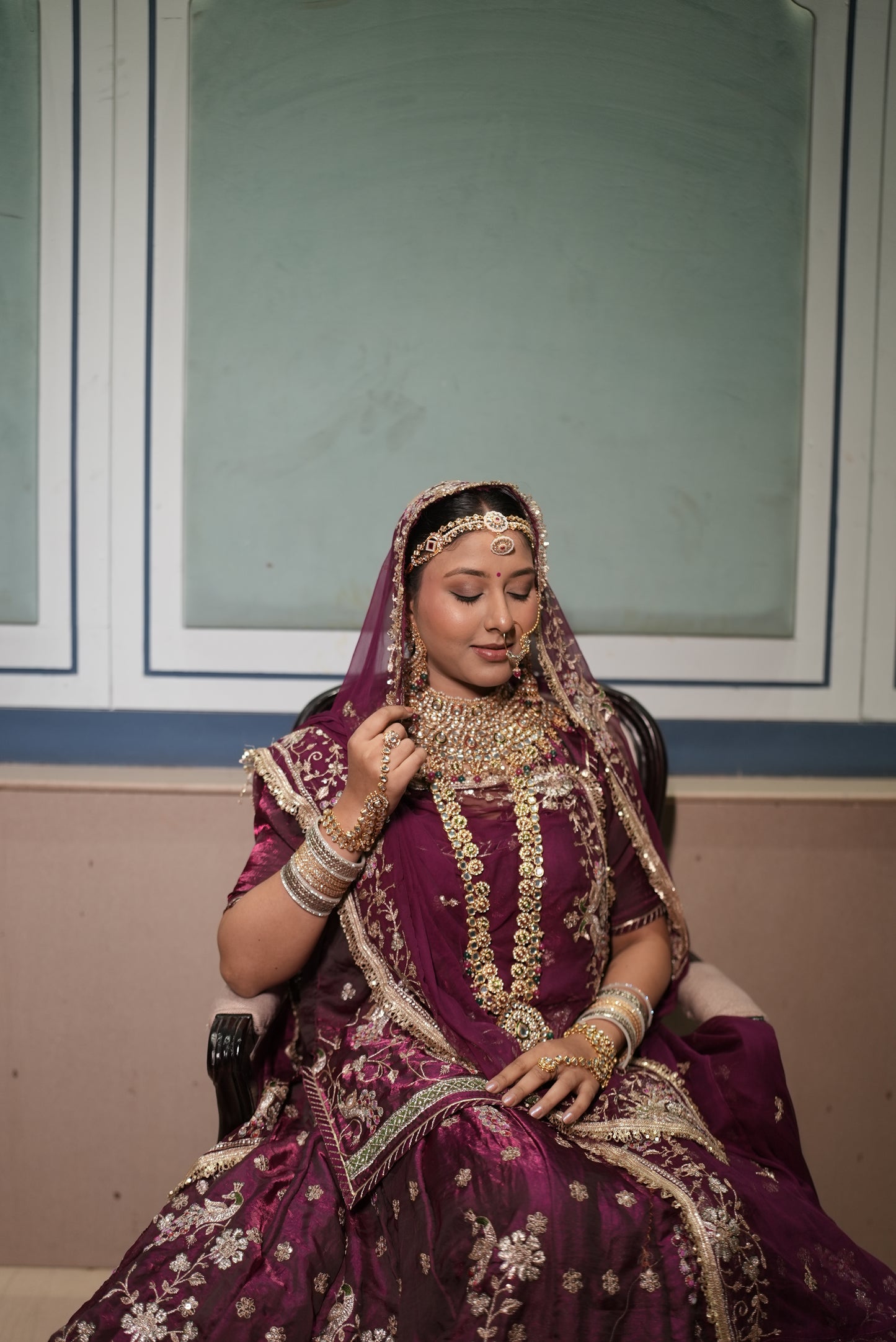 A masterpiece of grace — a peacock-inspired poshak with a royal full ghera and pure, luxurious fabric. Timeless, traditional, and truly breathtaking. (Stitched)