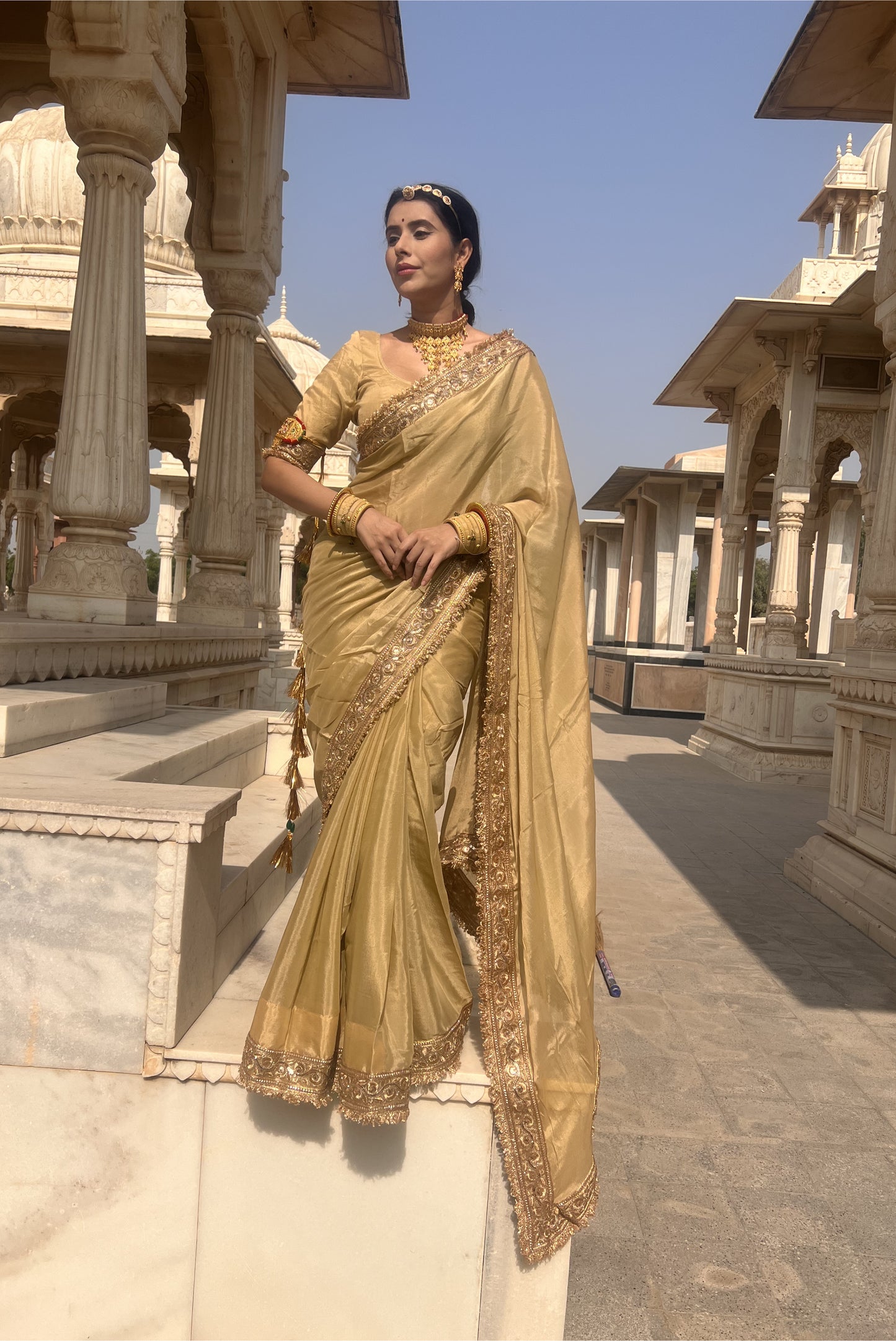 Beautiful beige chinon saree with authentic Rajasthani chirmir border with same stitched blouse