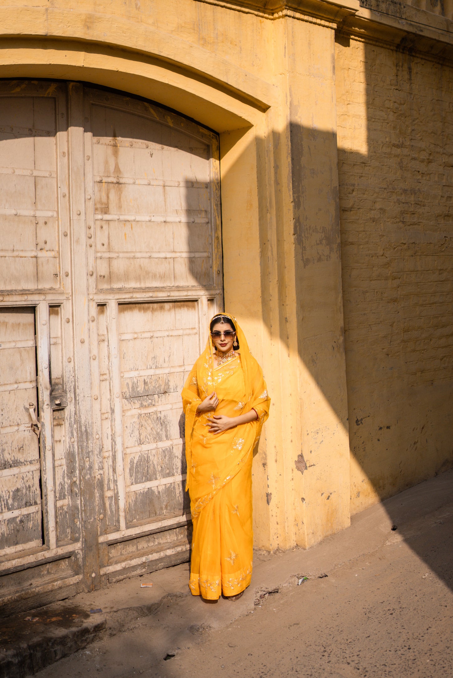 Yellow chiffon saree authentic, Rajasthani gota patti work